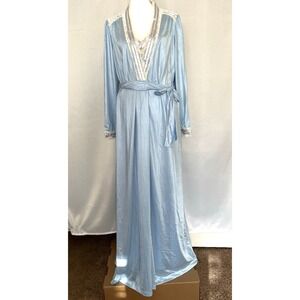 Vintage 70's Tom Bezduda for Barad Two Piece Satin Peignoir Set USA Blue Med